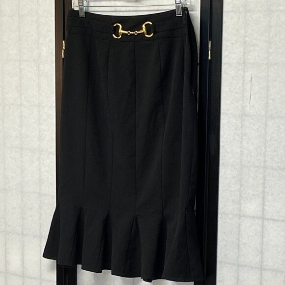 Sunny Leigh Vintage Black Midi Skirt Belt Gored Swirl Hem Classic Retro Style 10 - Picture 4 of 9